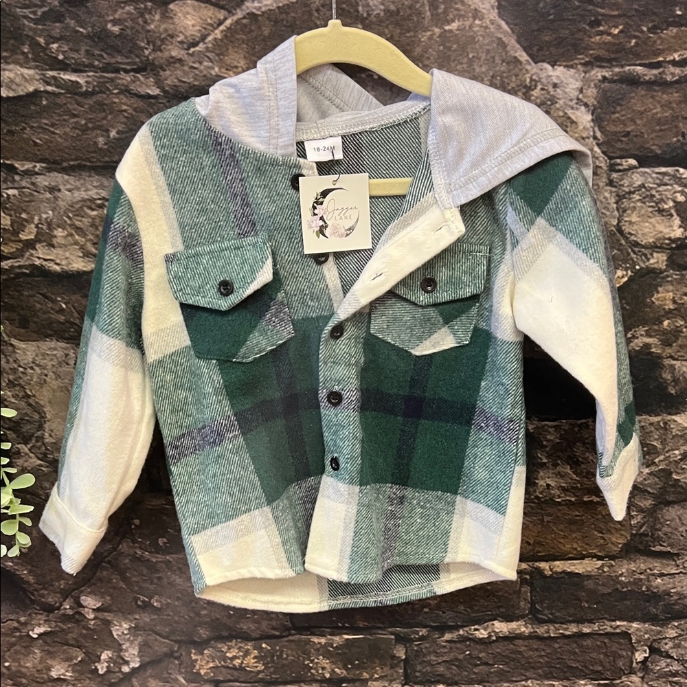 Cozy Green Plaid Kids Button-Up Shirt with Hood shacket